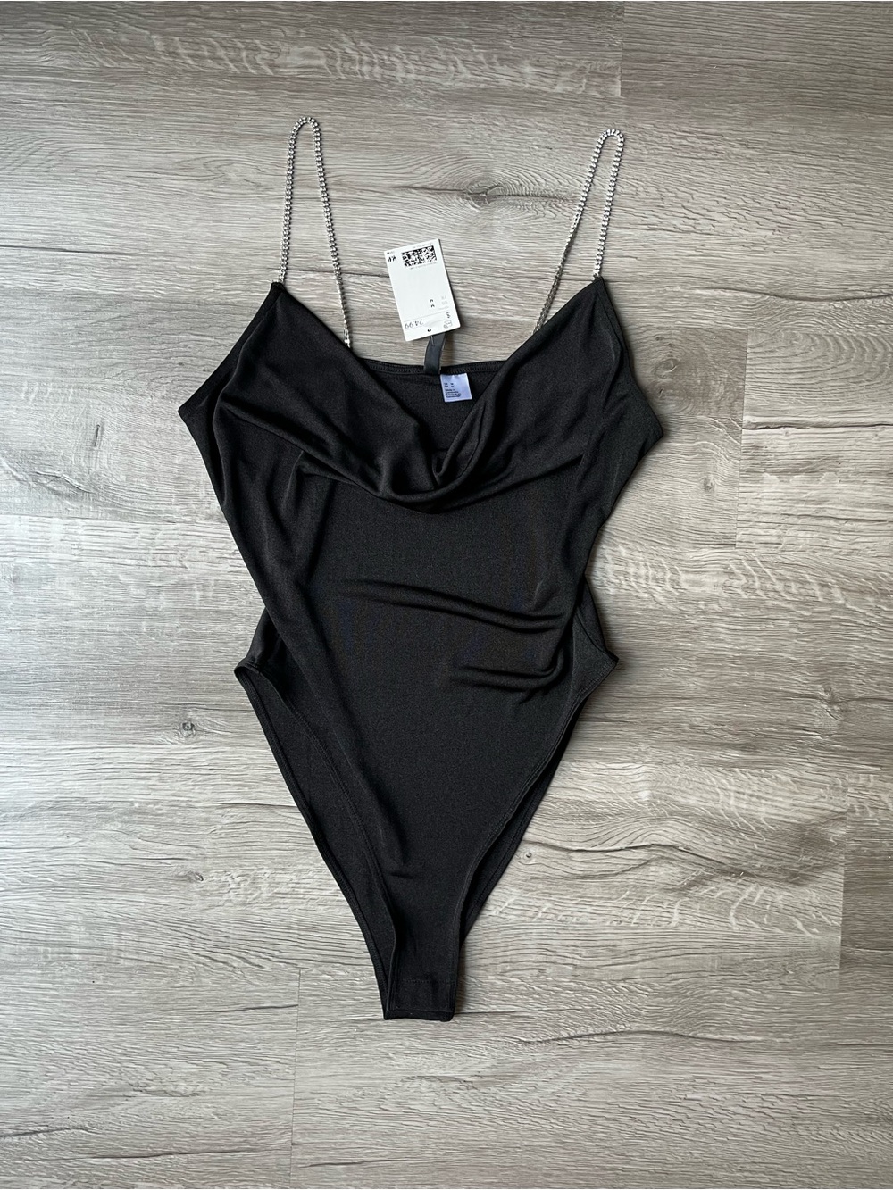 Black Bodysuit with Rhinestone Chain Straps